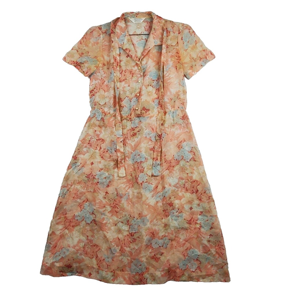Vintage J. C. Penney Fit & Flare Dress M (8-10) Women Peach Floral Button Front